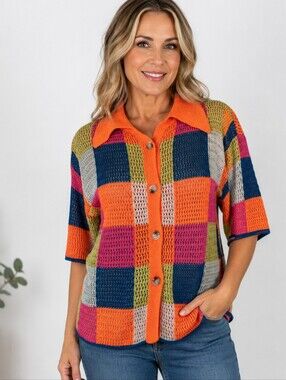 DAVI & DANI Colorblock Open-Knit Cardigan Blouse Women's Size Medium